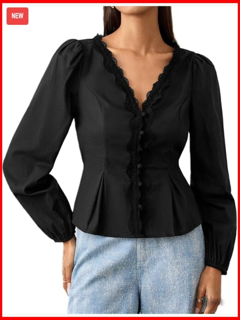 Vintage Floral Embroidered V-Neck Blouse with Lace Trim, Button Front